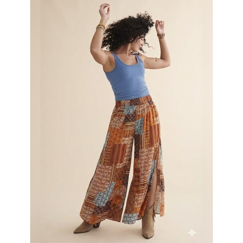 Main Strip Patchwork Wide-Leg Split Pants in Rust & Blue